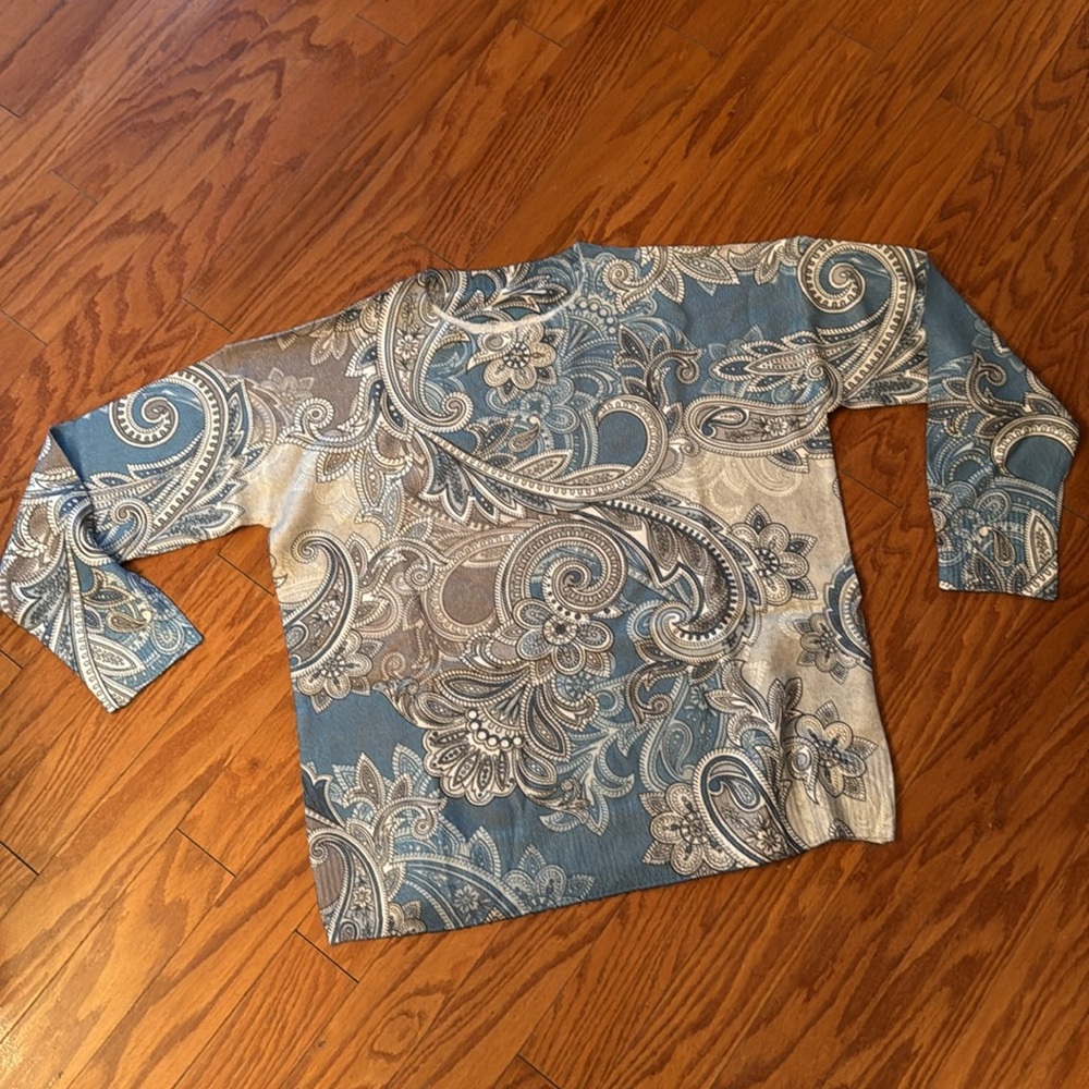 Blue Gray Paisley Statement Sweater Crewneck Allover Print - Picture 16 of 16